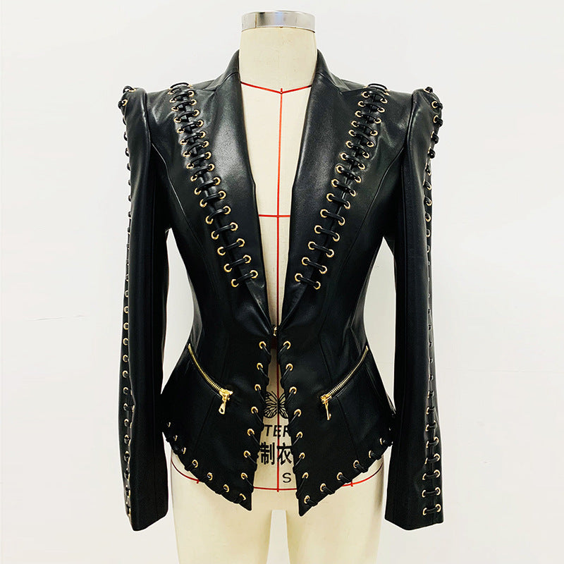 Fashion Heavy Industry Eyelet Rope Slim-fit Leather Coat Suit Jacket