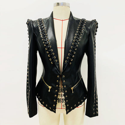 Fashion Heavy Industry Eyelet Rope Slim-fit Leather Coat Suit Jacket