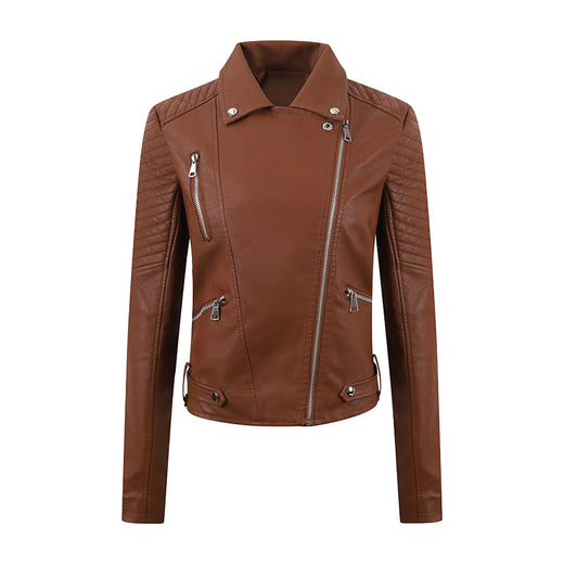PU Women's Short Leather Oblique Pull Slim Motorcycle Clothing Washed Leather Jacket