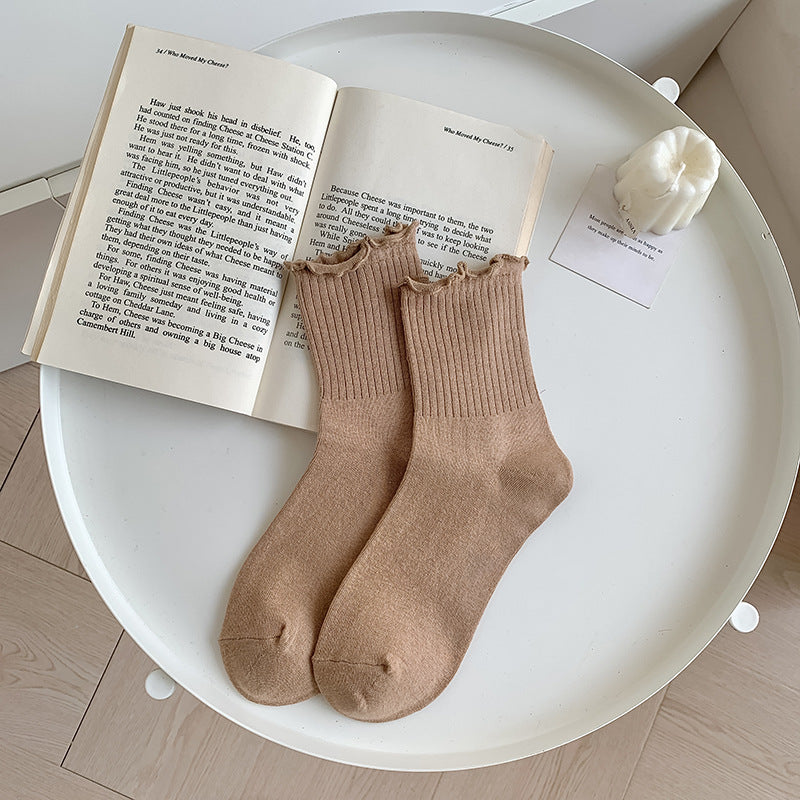 Solid-color Ruffle-trimmed Socks For Women