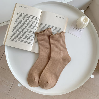 Solid-color Ruffle-trimmed Socks For Women