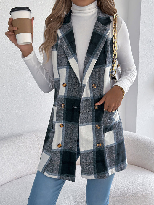 Women's Plaid Double-Breasted Pocket Tweed Long Vest