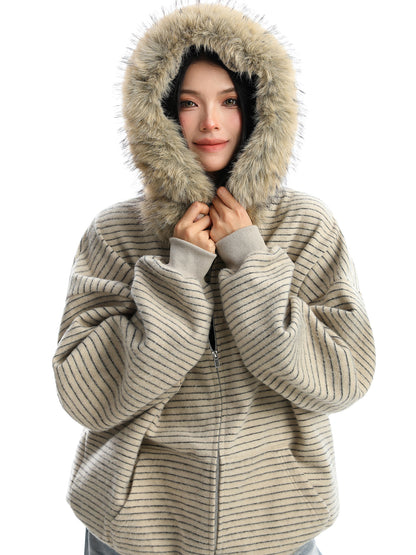 American Striped Detachable Big Fur Collar Hooded Sweater