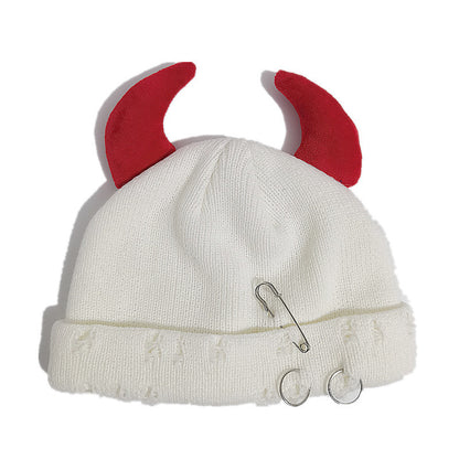 Knitted Wool Hat With Hole-decorated Gourd-shaped Devil-ear Pins
