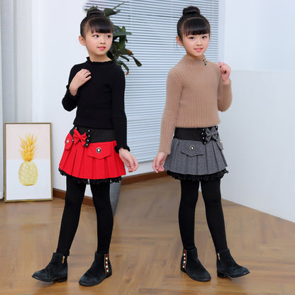 Thickened Fleece-Lined Base Leggings With Beaded Bow In Two Colors