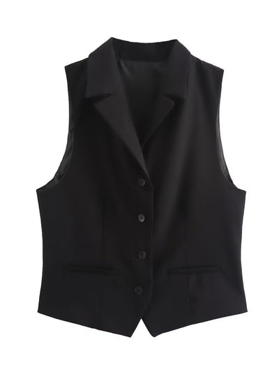 Womens Solid-Color Elegant Lapel Sleeveless Single-Breasted Vest