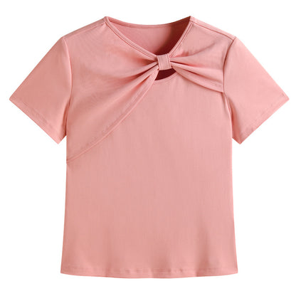Female Solid Color Hollow Shoulder Short Sleeved Shirt