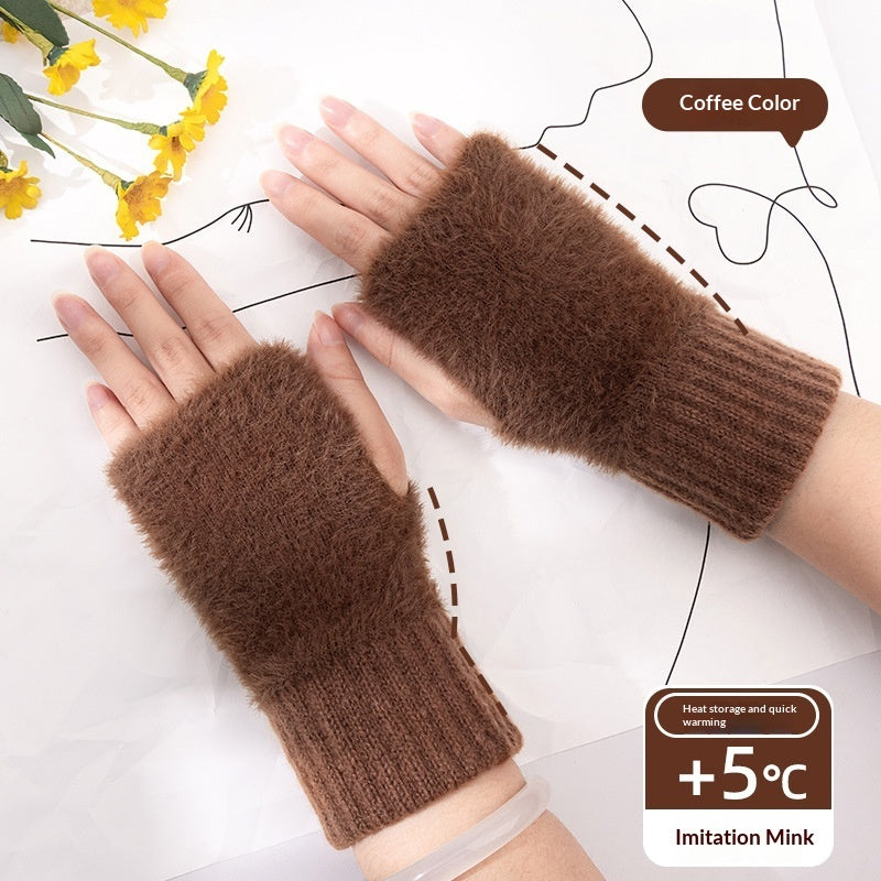 Women's Half-finger Plush Thermal Knit Gloves