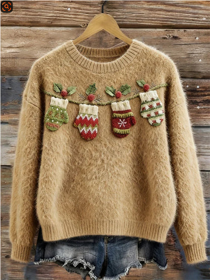 New Flannel Printed Christmas Sweet Crew-Neck Top With Snowman Design