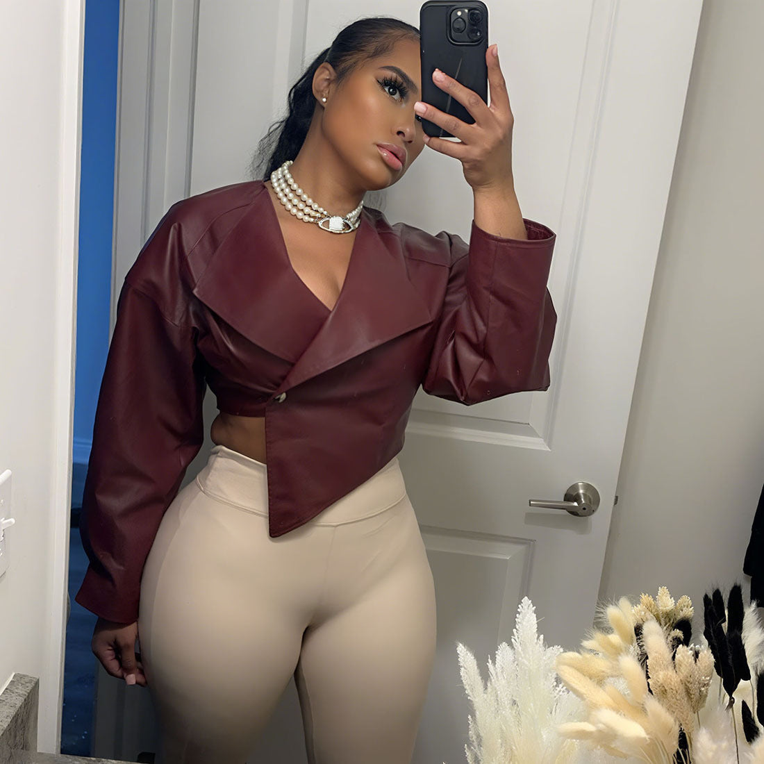 PU Leather Solid Color Casual Coat For Women