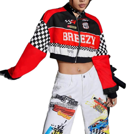 Women's Loose Fashion Short Letters Casual Zipper Jacket Coat