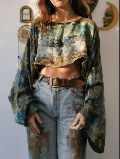 Women's Ethnic Style Printed Loose Long-sleeve Short Crop Top