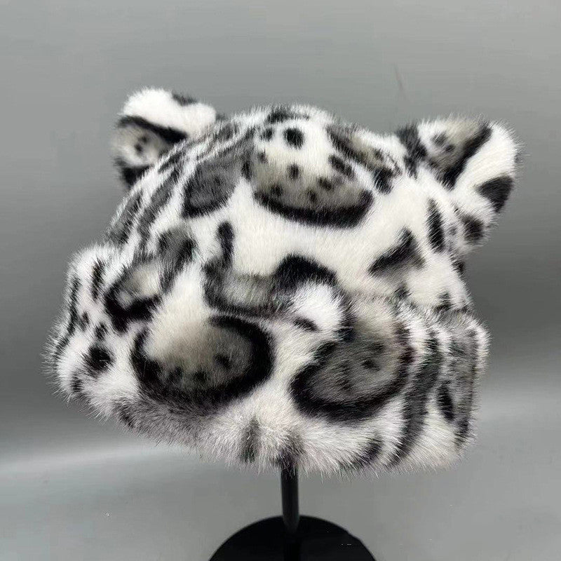 Japanese-style Leopard-print Bear-ear Plush Fisherman Hatcute Soft Warm Extra-thick And Lined With Plush