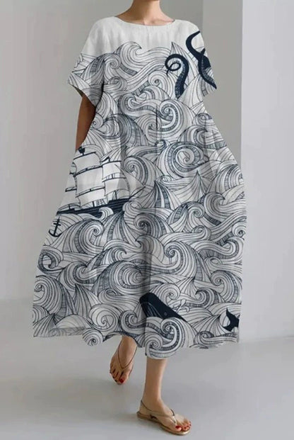 3D Digital-Print Short-Sleeve Casual Dress