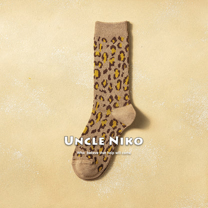 Ins Combed Cotton Mid-calf Socks Double-needle Korean-style Leopard Print