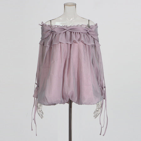 Retro Off-the-Shoulder Strap Bell-Sleeve Solid Color Chiffon Top