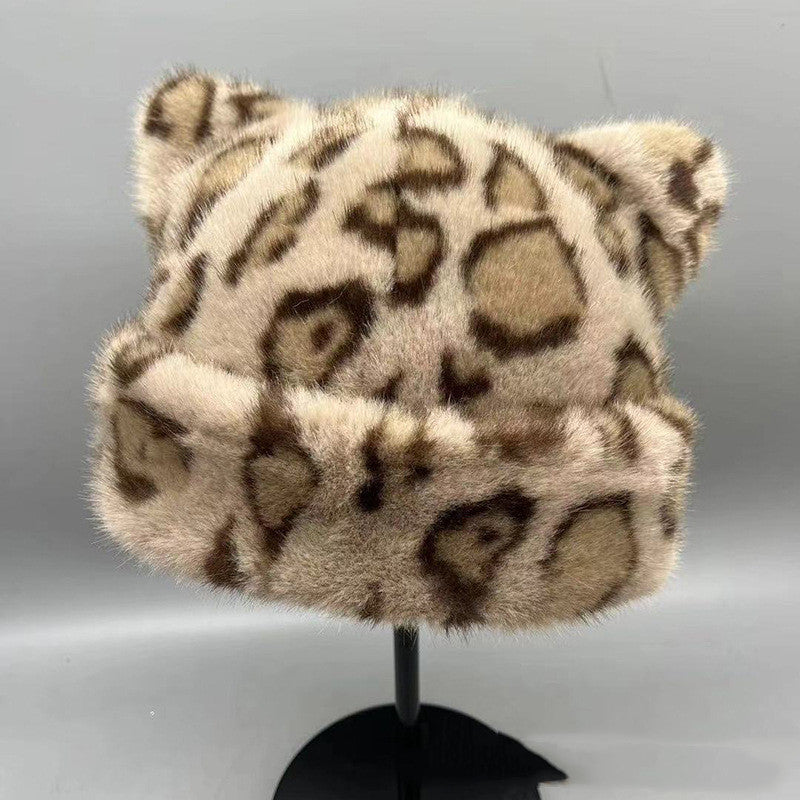 Japanese-style Leopard-print Bear-ear Plush Fisherman Hatcute Soft Warm Extra-thick And Lined With Plush