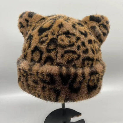 Japanese-style Leopard-print Bear-ear Plush Fisherman Hatcute Soft Warm Extra-thick And Lined With Plush