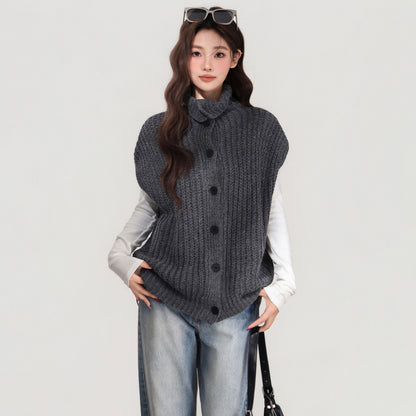 Grey Lapel Knitted Vest Sweater Warm Coat Women's Autumn And Winter Innerwear Top