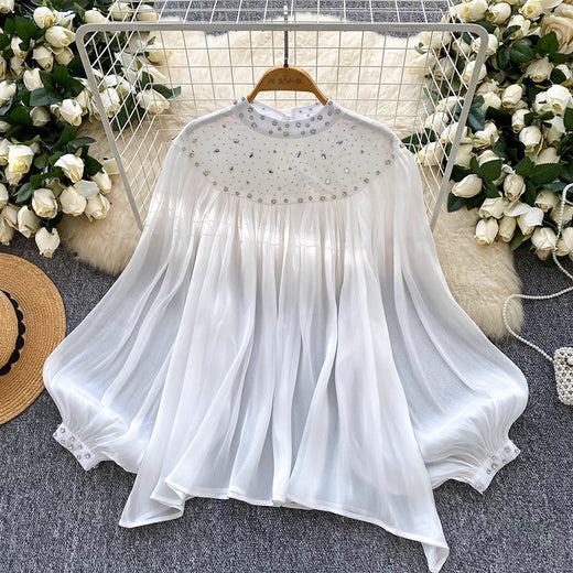 Womens Loose, Casual Rhinestone-embellished Lantern-sleeve Tassel Mesh Top
