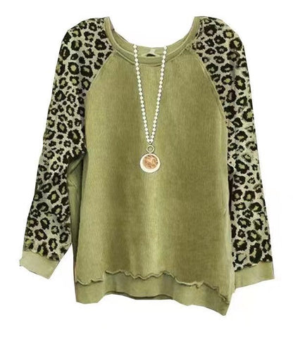 Womens Leopard-Print Patchwork Color-Block Long-Sleeve Top