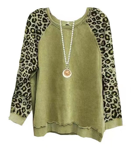 Womens Leopard-Print Patchwork Color-Block Long-Sleeve Top