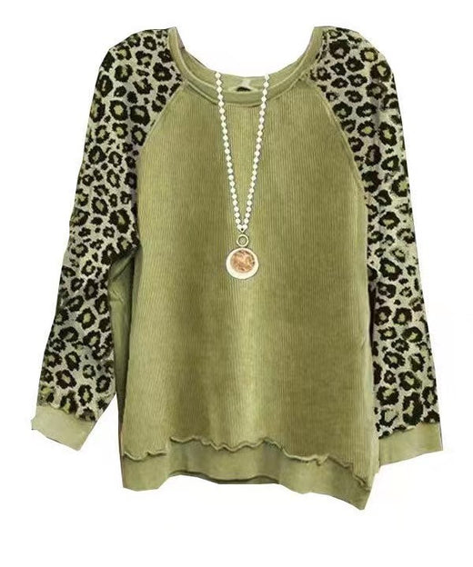 Womens Leopard-Print Patchwork Color-Block Long-Sleeve Top