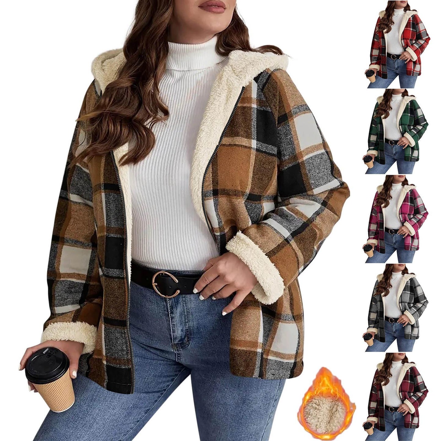 Plaid Printed Coat Fleece-lined Thickened Composite Hooded