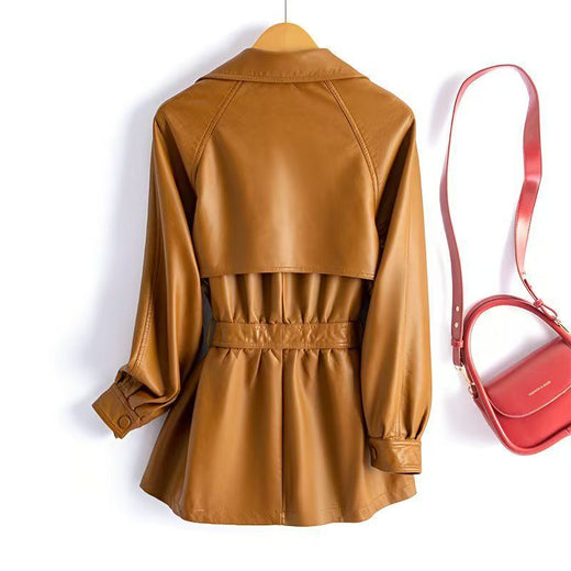 Women's Leather Clothing Large Size Loose Wind-breaker Waist Figure Flattering Leather Jacket