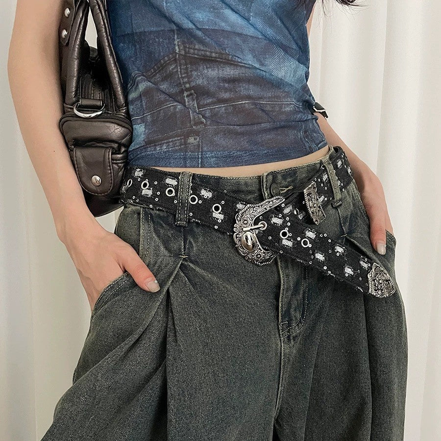 Blue Denim Belt Vintage Carved Leather Belt Accessory