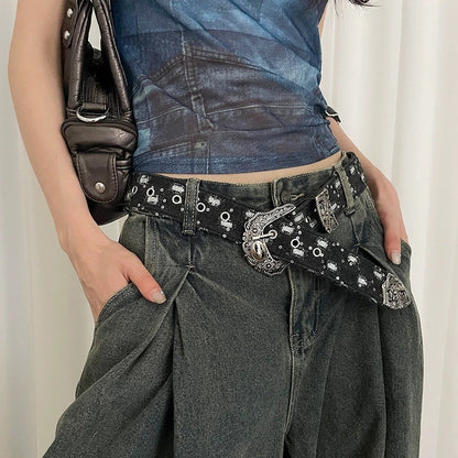 Blue Denim Belt Vintage Carved Leather Belt Accessory