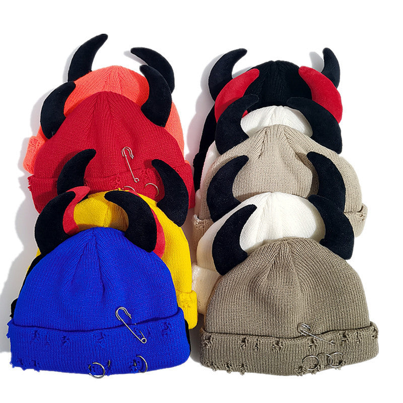 Knitted Wool Hat With Hole-decorated Gourd-shaped Devil-ear Pins