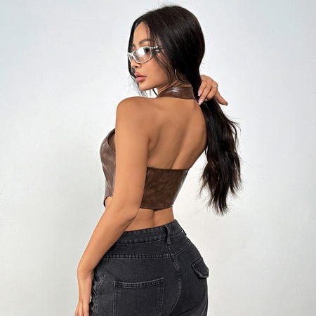 Solid-color Halter-neck Lace-up Tank Top For Women