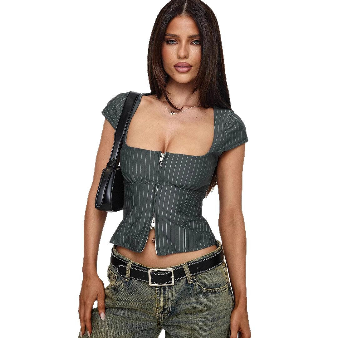 Women's Retro Square-neck Short-sleeve Top With Double Zippers