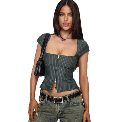 Women's Retro Square-neck Short-sleeve Top With Double Zippers