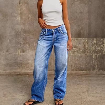 Womens Washed Blue Wide-Leg Denim Jeans American-Style High Waist