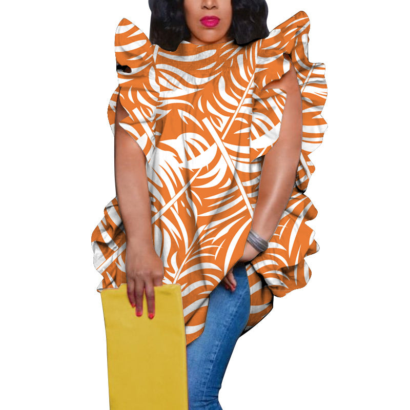 Women's Plus-Size Printed Crew-Neck Ruffle-Trim Loose-Fit Blouse