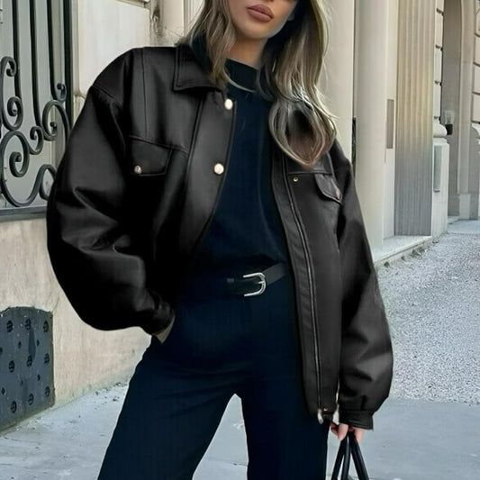 Women's Leather Jacket Loose Long Sleeve Lapel Motorcycle Jacket