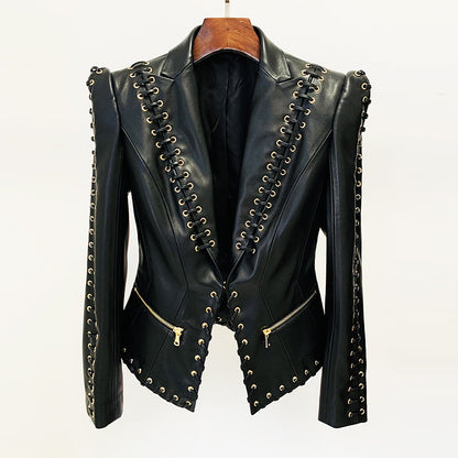 Fashion Heavy Industry Eyelet Rope Slim-fit Leather Coat Suit Jacket