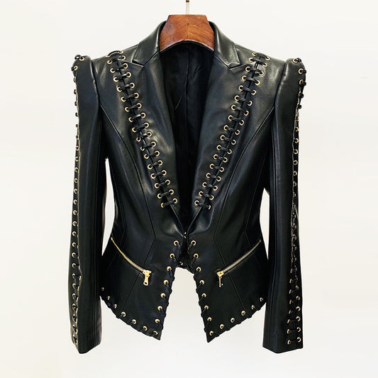 Fashion Heavy Industry Eyelet Rope Slim-fit Leather Coat Suit Jacket