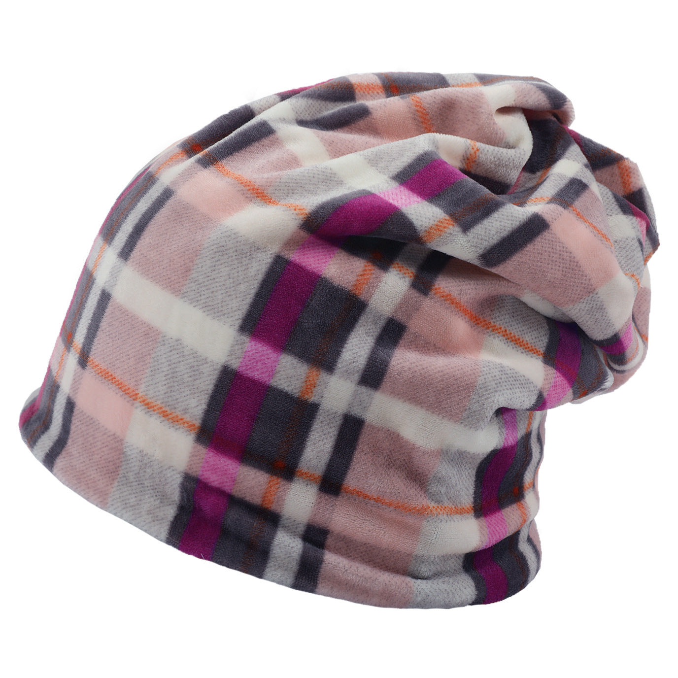 Double-layer Short-pile Bonnet With Multi-colored Plaid Pattern
