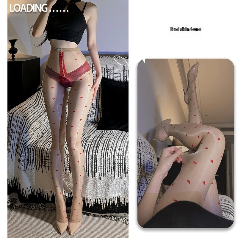 Shiny Jacquard Polka-dot Bodystocking With Crotch Opening And Heart-patterned Silk Stockings