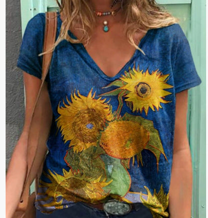 Womens Casual Loose-Fit Printed Pullover T-Shirt Top