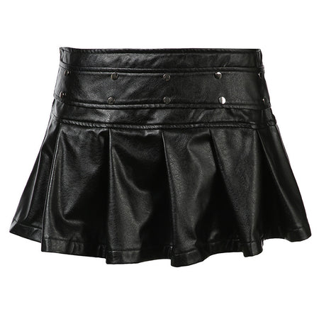 Punk-style Rivet-zip Pleated Leather Skirt