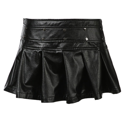 Punk-style Rivet-zip Pleated Leather Skirt