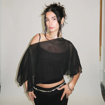 Solid-color Spaghetti-strap Midriff-baring Mesh Off-the-shoulder Outer Layer