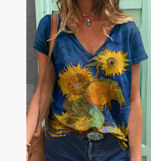 Womens Casual Loose-Fit Printed Pullover T-Shirt Top