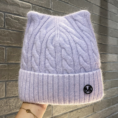 Cute Cat-ear Knitted Wool Warm Hat Versatile Face-slimming