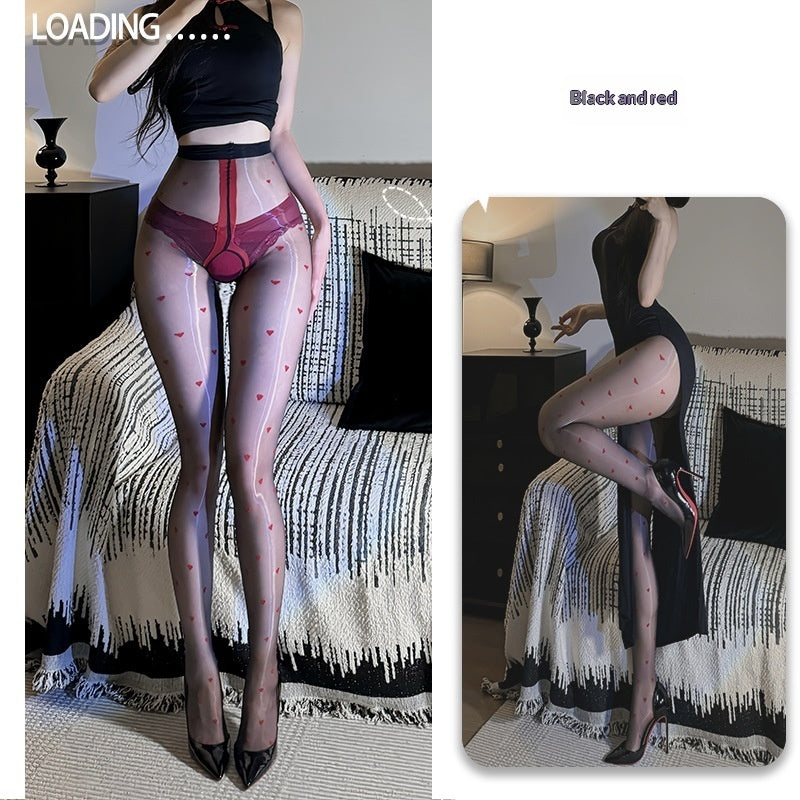 Shiny Jacquard Polka-dot Bodystocking With Crotch Opening And Heart-patterned Silk Stockings