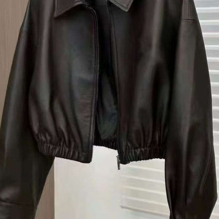 Black Soft Leather Spring And Autumn Coat Woman Square-neck Zip Leather Jacket